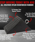 Heavy Duty Rubber Wheel Chocks With Eyebolt Handles, 4 Pack, shown from side angle with ribbed design and eyebolt handle.