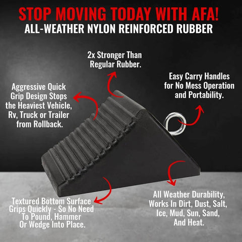 Heavy Duty Rubber Wheel Chocks With Eyebolt Handles, 4 Pack, shown from side angle with ribbed design and eyebolt handle.