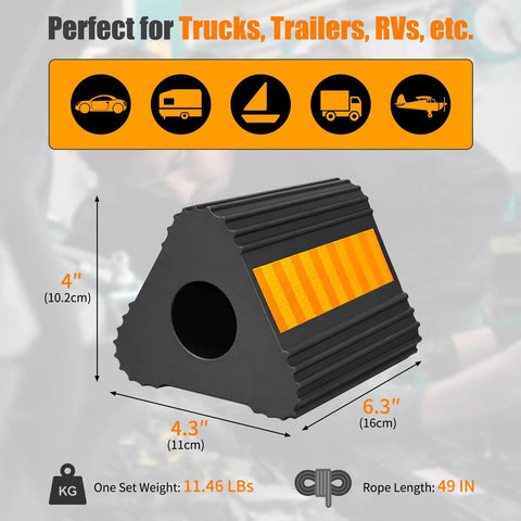 4 Pack Rubber Wheel Chocks for RV Trailer Camper and Truck with Heavy Duty Solid Rubber Construction and Reflective Strips