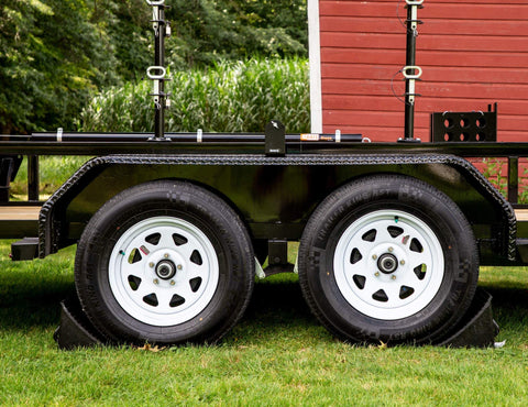 Heavy Duty Rubber Wheel Chock For Trailers And Docks With Molded Hand Hold Oil Resistant OSHA Compliant in use on trailer wheels