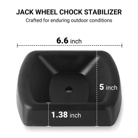 Top view of a 6.6x5x1.38 inch black Built Tough Heavy Duty Rubber Jack Wheel Chock Stabilizer for travel trailers and RVs.