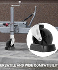 Built Tough Heavy Duty Rubber Jack Wheel Chock Stabilizer For Travel Trailers And RVs shown with metal jack and wheel, preventing movement