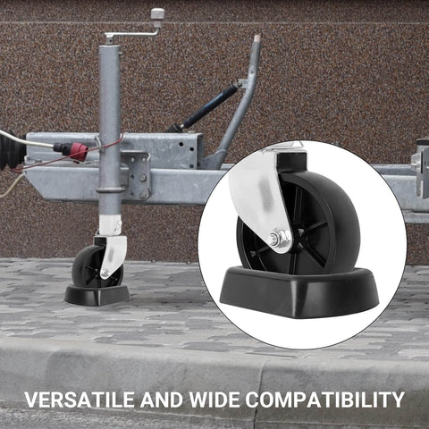 Built Tough Heavy Duty Rubber Jack Wheel Chock Stabilizer For Travel Trailers And RVs shown with metal jack and wheel, preventing movement