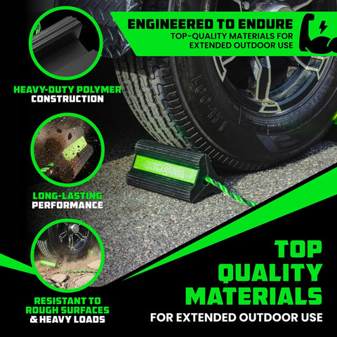 Heavy Duty Rubber Wheel Chocks for Trucks Trailers RVs and Aircraft with Non Slip Grip and Reflective Strips for Low Light Safety Rhino USA for All Weather Use shown in use on a vehicle tire