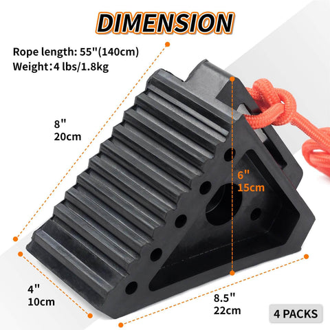 Dimensions of Premium Rubber Wheel Chocks With Carry Handles For RVs And Trailers, Solid Tire Chocks For Campers Travel Trailers, 8.5x4x6 in