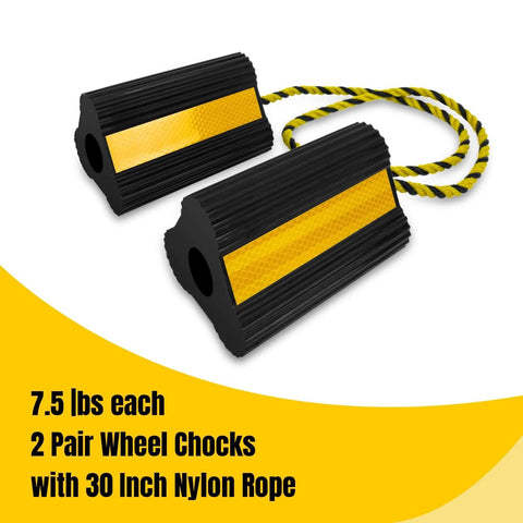 Durable Rubber Wheel Chocks For RV Trailer Camper Truck Car And Aircraft With Rope Two Pair Or Four Pack Three Reflective Strips Tough As Nails Heavy Duty Wheel Immobilizers By HOXWELL, black rubber with yellow reflective strips and rope.