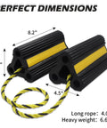 Heavy Duty Rubber Wheel Chocks For Travel Trailers Campers RVs And Cars With Nylon Rope And Yellow Reflective Tape shown