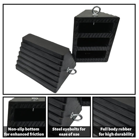 Heavy Duty Rubber Wheel Chocks With Eyebolt Black 9 Inch By 7.1 Inch By 5.5 Inch 2 Pack All Weather Anti Slip