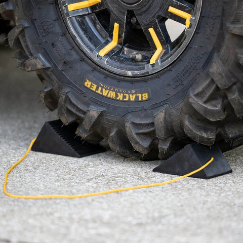 Mini Rubber Wheel Chock Set With 36 Inch Nylon Rope For ATVs, Riding Lawn Mowers, And Gas Powered Scooters, durable under tire