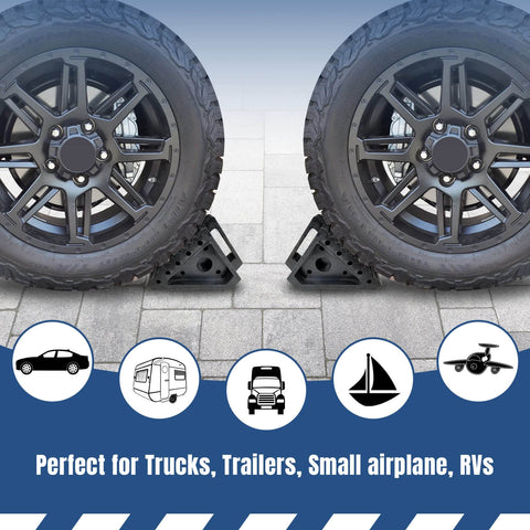 Heavy Duty Rubber Wheel Chocks Set Of 4 For Cars Trailers RVs Trucks And ATVs Premium Non Slip Tire Stoppers 8 X 4 X 6 Inches Durable Solid Rubber Black installed on tires