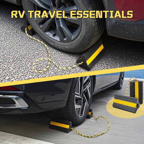 Wheel Chocks With Gloves, Heavy Duty Rubber, 8mm Teeth, Non Slip Base under RV and car on gravel and pavement