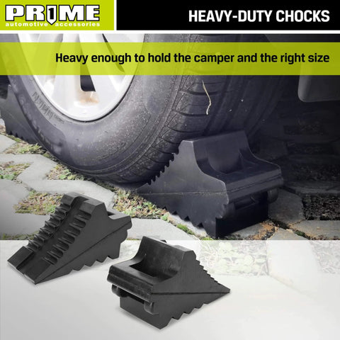 Built Tough Heavy Duty Rubber Wheel Chocks 2 Pack With Carrying Handle For RVs and Trailers shown in use under truck tire