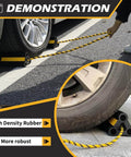 Heavy Duty Rubber Wheel Chocks For RVs, Trailers, Campers, Trucks And Aircraft With Three Reflective Strips And Included Rope, Durable Wheel Immobilizers In A 2 Pair Or 4 Pack For Safe Parking, Stability, And Easy Handling demonstrated under vehicle tires on pavement.