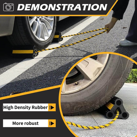 Heavy Duty Rubber Wheel Chocks For RVs, Trailers, Campers, Trucks And Aircraft With Three Reflective Strips And Included Rope, Durable Wheel Immobilizers In A 2 Pair Or 4 Pack For Safe Parking, Stability, And Easy Handling demonstrated under vehicle tires on pavement.