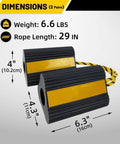 Dimensions of Heavy Duty Rubber Wheel Chocks Four Pack With Rope For RV Trailer Camper Truck Car Aircraft Anti Roll Traction Blocks shown.