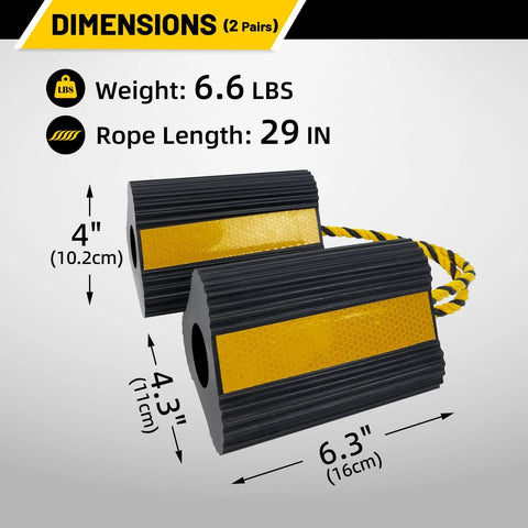 Dimensions of Heavy Duty Rubber Wheel Chocks Four Pack With Rope For RV Trailer Camper Truck Car Aircraft Anti Roll Traction Blocks shown.