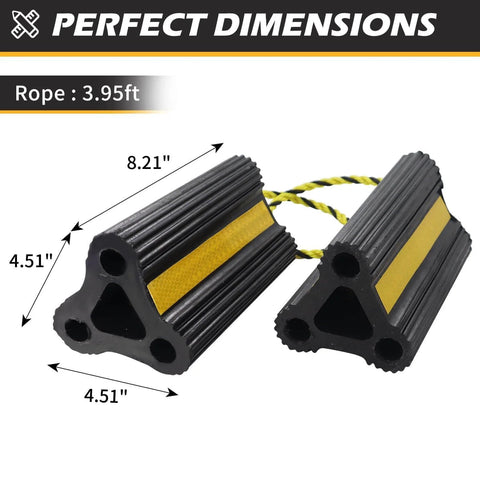 Heavy Duty Rubber Wheel Chocks For RVs, Trailers, Campers, Trucks And Aircraft With Three Reflective Strips And Included Rope