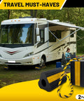 Heavy Duty Rubber Wheel Chocks Four Pack With Rope for RV trailer with three reflective strips, parked in campground
