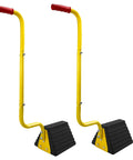 Heavy Duty Rubber Wheel Chocks With Handles 2 Pack Anti Slip Wheel Stopper shown with yellow handles and black chocks