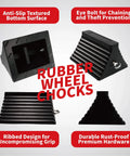 Beefy Heavy Duty Rubber Wheel Chocks With Eyebolt For Trucks Trailers Cars RVs And Heavy Equipment All Weather Tire Chalk Blocks 10 Inch Long By 8 Inch Wide 2 Pack Black showing textured surface and eyebolt