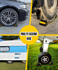 Durable Rubber Wheel Chocks For RV Trailer Camper Truck Car And Aircraft With Rope installed on various vehicles showing use.