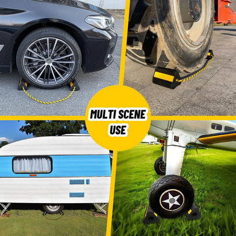 Durable Rubber Wheel Chocks For RV Trailer Camper Truck Car And Aircraft With Rope installed on various vehicles showing use.