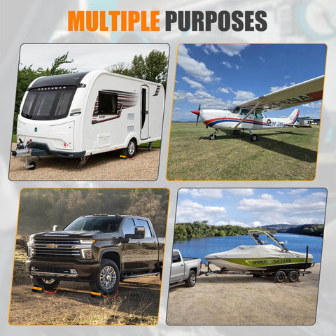 4 Pack Rubber Wheel Chocks for RV Trailer Camper and Truck with Heavy Duty Solid Rubber Construction Non Slip Grip Reflective Strips and Wheel Stopper for Cars Boats Travel Trailers and More used on camper, aircraft, truck, and boat trailer