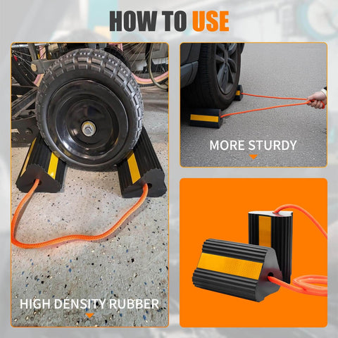 4 Pack Rubber Wheel Chocks for RV Trailer Camper and Truck with Heavy Duty Solid Rubber Construction Non Slip Grip Reflective Strips