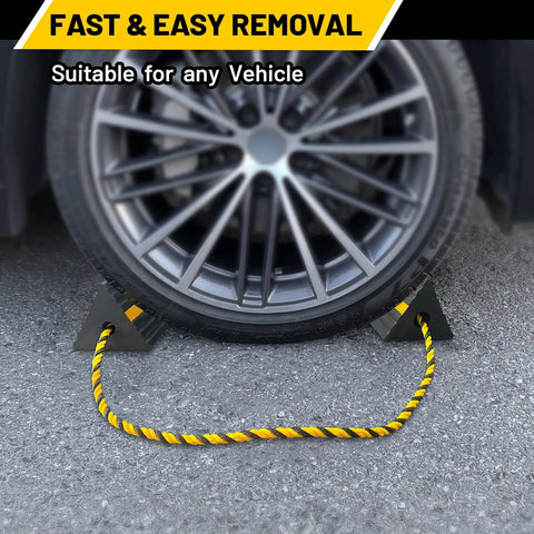 Versatile Rubber Wheel Chocks With Three Yellow Reflective Strips For RVs, Trailers, Cars on a tire, showing heavy duty placement
