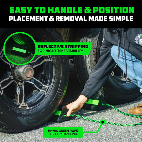 Person positioning Heavy Duty Rubber Wheel Chocks For Trucks Trailers RVs And Aircraft With Non Slip Grip And Reflective Strips