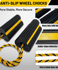 Heavy Duty Rubber Wheel Chocks With 30 Inch Nylon Rope And Reflective Yellow Tape For Secure Parking, shown with non-slip base