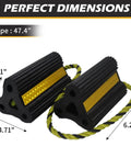 Versatile Rubber Wheel Chocks For RV Trailer Camper Truck And Car 2 Pair Or 4 Pack With Rope Reflective Strips Heavy Duty Tire Block Stopper To Keep Your Rig From Rolling And Park Safe On Any Slope, showing product dimensions and reflective strip.