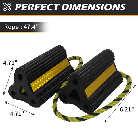 Versatile Rubber Wheel Chocks For RV Trailer Camper Truck And Car 2 Pair Or 4 Pack With Rope Reflective Strips Heavy Duty Tire Block Stopper To Keep Your Rig From Rolling And Park Safe On Any Slope, showing product dimensions and reflective strip.