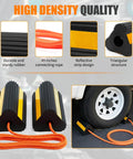 4 Pack Rubber Wheel Chocks for RV Trailer Camper and Truck with Heavy Duty Solid Rubber Construction Non Slip Grip Reflective Strips and Wheel Stopper for Cars Boats Travel Trailers and More, featuring orange connecting rope and tire setup