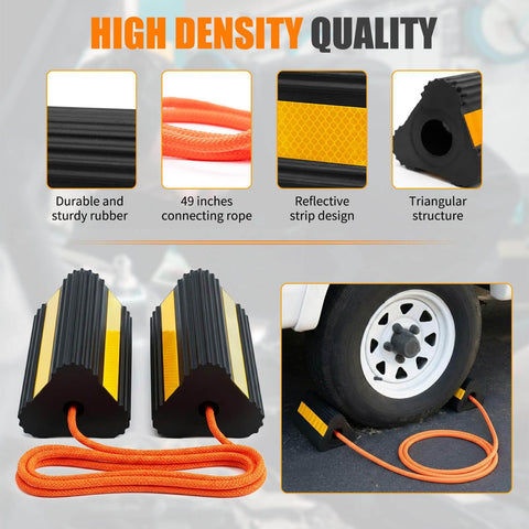 4 Pack Rubber Wheel Chocks for RV Trailer Camper and Truck with Heavy Duty Solid Rubber Construction Non Slip Grip Reflective Strips and Wheel Stopper for Cars Boats Travel Trailers and More, featuring orange connecting rope and tire setup