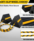 Versatile Rubber Wheel Chocks With Three Yellow Reflective Strips For RVs, Trailers, Campers, Trucks, Cars, Aircraft, Boats And More