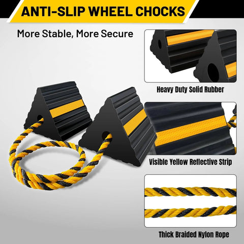 Versatile Rubber Wheel Chocks With Three Yellow Reflective Strips For RVs, Trailers, Campers, Trucks, Cars, Aircraft, Boats And More