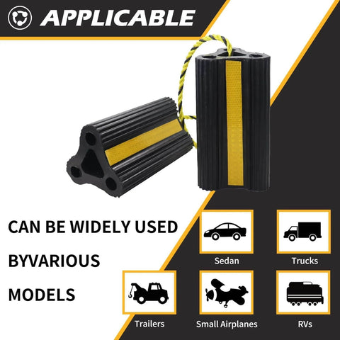 Heavy Duty Rubber Wheel Chocks For RVs, Trailers, Campers, Trucks And Aircraft With Three Reflective Strips And Included Rope