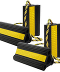 Heavy Duty Rubber Wheel Chocks For RVs, Trailers, Campers, Trucks And Aircraft With Three Reflective Strips And Included Rope, Durable Wheel Immobilizers In A 2 Pair Or 4 Pack For Safe Parking, Stability, And Easy Handling. Front view.