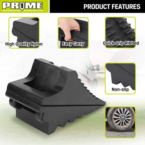 Built Tough Heavy Duty Rubber Wheel Chocks 2 Pack With Carrying Handle For RVs And Trailers 8.6 by 3.7 by 4.7 Inches Solid Rubber Tire Blocks