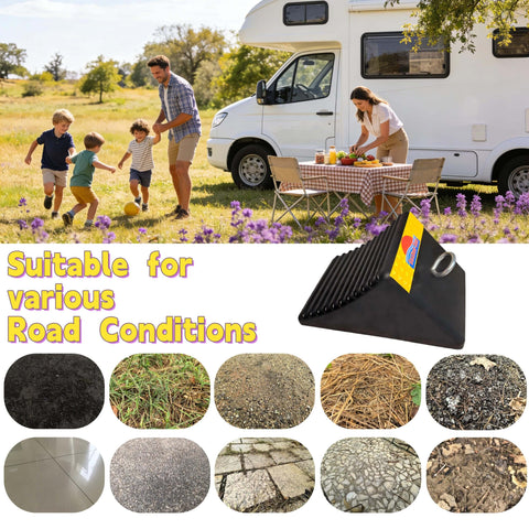 Heavy Duty Rubber Wheel Chocks With Reflective Strips Set Of 4 for SUV near parked motorhome outdoors