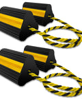 Durable Rubber Wheel Chocks For RV Trailer Camper Truck Car And Aircraft With Rope Two Pair Or Four Pack Three Reflective Strips Tough As Nails Heavy Duty Wheel Immobilizers By HOXWELL, side view showing reflective strips and connecting rope.