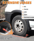 Heavy Duty Rubber Wheel Chocks With Eyebolt For Campers Travel Trailers RVs Trucks And ATVs Anti Slip And Anti Oil Design 8 x 5 x 4 Inches 4 Pack Each Weighs About 2.45 Pounds For Solid Traction And Easy Storage shown securing van tire.