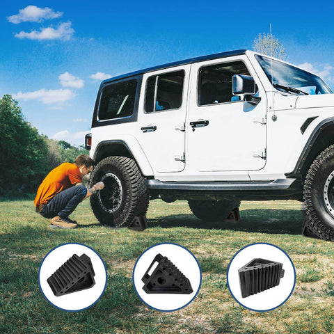 Heavy Duty Rubber Wheel Chocks Set Of 4 For Cars Trailers RVs Trucks And ATVs Premium Non Slip Tire Stoppers 8 X 4 X 6 Inches Durable Solid Rubber Black in use on SUV
