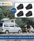 Heavy Duty Rubber Wheel Chocks Set Of 4 For Cars Trailers RVs Trucks And ATVs Premium Non Slip Tire Stoppers displayed above a camper van.