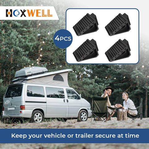 Heavy Duty Rubber Wheel Chocks Set Of 4 For Cars Trailers RVs Trucks And ATVs Premium Non Slip Tire Stoppers displayed above a camper van.