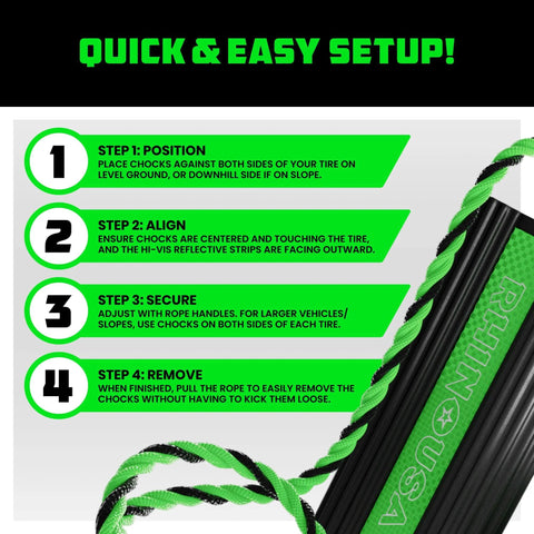 Instructions for using Heavy Duty Rubber Wheel Chocks For Trucks Trailers RVs And Aircraft With Non Slip Grip And Reflective Strips