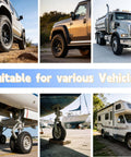 Various vehicles showcasing Heavy Duty Rubber Wheel Chocks With Reflective Strips Set Of 4 for SUV all-weather non-slip.