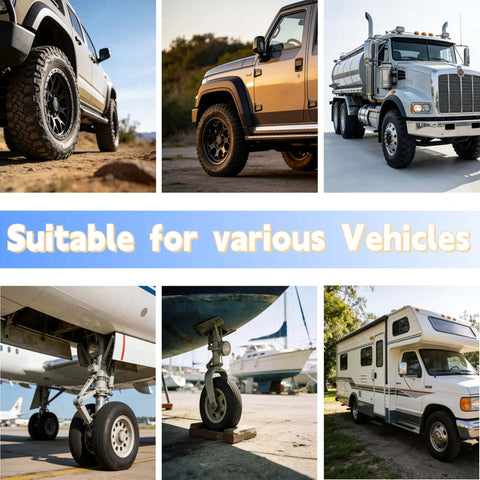 Various vehicles showcasing Heavy Duty Rubber Wheel Chocks With Reflective Strips Set Of 4 for SUV all-weather non-slip.