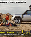 A family camping beside a vehicle in a desert, showing Heavy Duty Rubber Wheel Chocks For Travel Trailers Campers RVs And Cars With Nylon Rope And Yellow Reflective Tape Size Four Point Two Inches By Four Point Seven Inches By Eight Point Two Inches Nine Lbs Total Weight Two Pairs Four Pack Sturdy Tire in action.